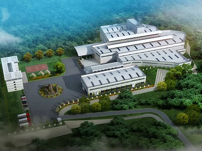 Modern Spacious Industrial Factory Exterior Surrounded By Greenery With Parking And Roads 3d model
