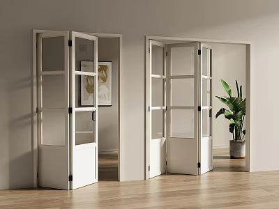 White Folding Doors With Glass Panels In Modern Interior With Wooden Floor And Green Plant 3d model