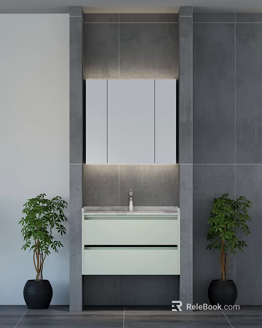 Modern Bathroom Vanity With Backlit Mirror Cabinet Gray Tiled Background And Green Plants 3d model 