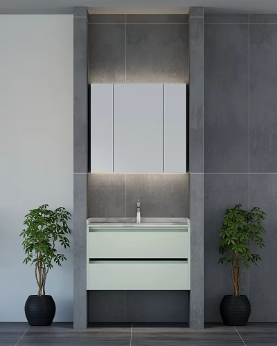 Modern Bathroom Vanity With Backlit Mirror Cabinet Gray Tiled Background And Green Plants 3d model