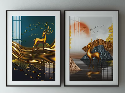 Two Decorative Paintings With Golden Deer Wave Elements Mountain Water And Sunset 3d model