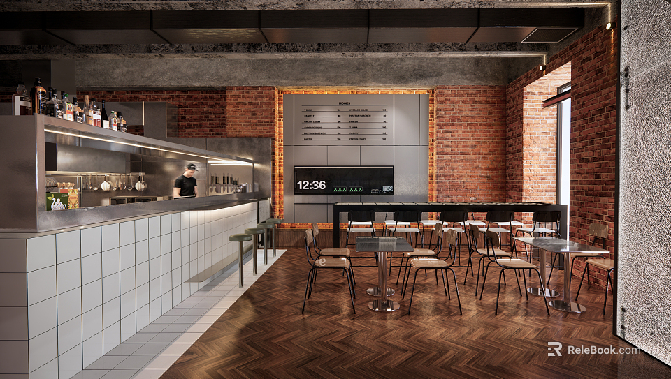 Modern Café Interior Design With Brick Walls Bar Counter And Wooden Tables 3d model 