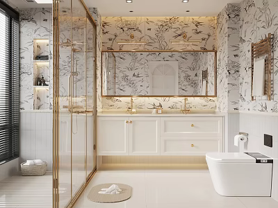 Modern Bathroom Interior With Gold Accents Floral Wallpaper Double Vanity Bathtub And Shower Enclosure 3d model