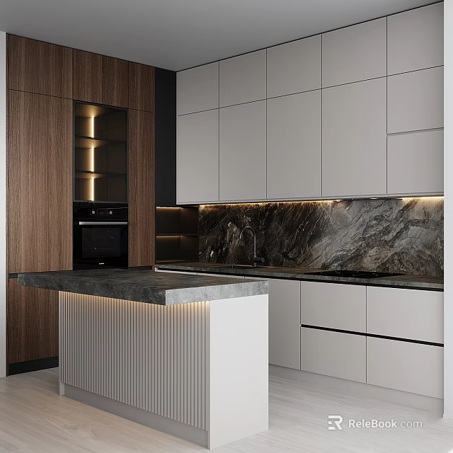 Modern Kitchen Interior With Wooden And White Cabinets Marble Countertop And Island Lighting 3d model 
