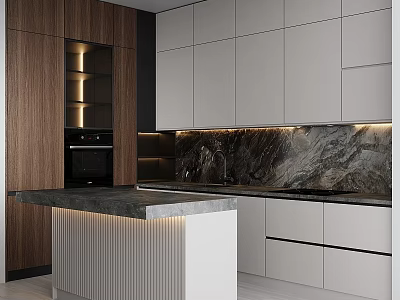 Modern Kitchen Interior With Wooden And White Cabinets Marble Countertop And Island Lighting 3d model