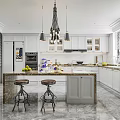 Modern Open Kitchen Interior With Island Counter White Cabinets Marble Countertops Pendant Lights Bar Stools