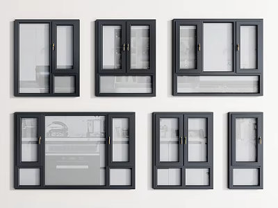 Modern Casement Windows with Black Frames Transparent Glass and Various Designs 3d model