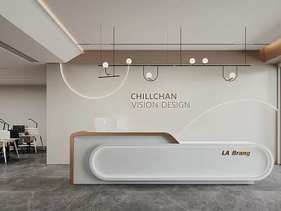 Modern Reception Desk with Curved Design Wooden Frame and Pendant Lighting in Office Interior 3d model