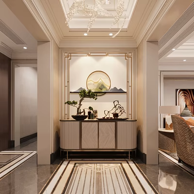 Traditional Chinese Style Store Front Desk With Decorative Mountain Painting And Potted Plant 3d model