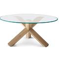 Modern Round Glass Top Coffee Table With Wooden Cross Legs Design