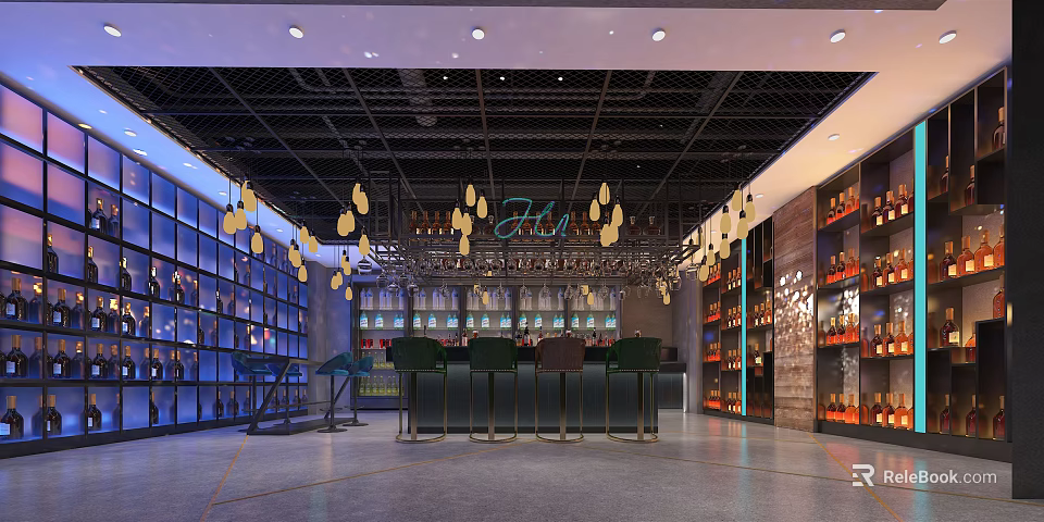 Modern Bar Interior Design With Bar Counter Stools Pendant Lights And Wine Racks 3d model 