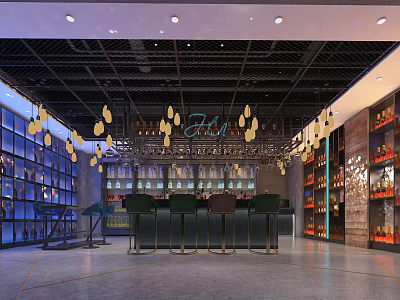 Modern Bar Interior Design With Bar Counter Stools Pendant Lights And Wine Racks 3d model