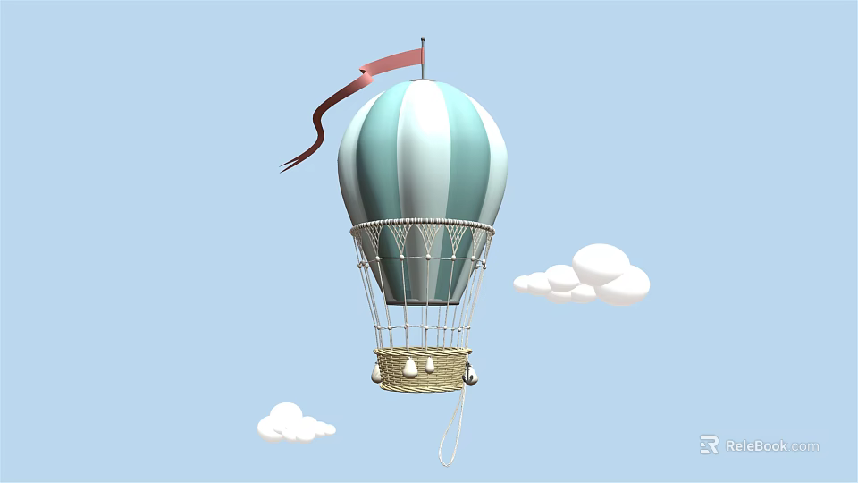 Blue and white striped hot air balloon ride with red flag floating in cloudy sky 3d model 