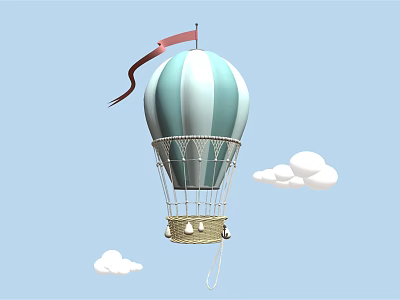 Blue and white striped hot air balloon ride with red flag floating in cloudy sky 3d model