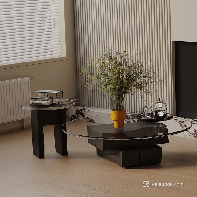 Black Glass Top Coffee Table Set With Yellow Vase Green Plants And Striped Wallpaper 3d model 