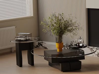 Black Glass Top Coffee Table Set With Yellow Vase Green Plants And Striped Wallpaper 3d model