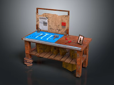 Wooden Functional Workbench with Blue Mat Tools Instruction Manual Photo Frame and Tool Storage Shelves 3d model
