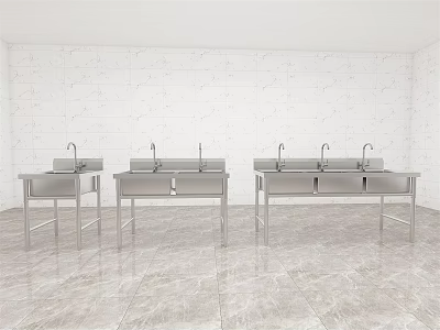 Three Stainless Steel Washing Sinks Each With Faucet In Spacious Room 3d model