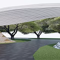 Modern Curved Entrance Gate With Textured Surface Surrounded by Green Trees