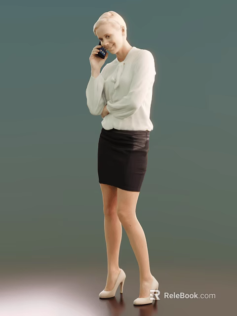 Woman in Standing Pose Wearing White Shirt and Black Skirt with Gradient Green Background 3d model 