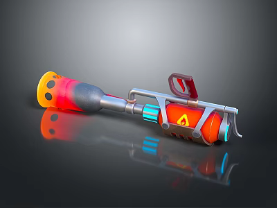 3D Rendered Sci Fi Weapon With Orange Gray Body Red Grip And Blue Glowing Nozzle 3d model