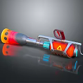 3D Rendered Sci Fi Weapon With Orange Gray Body Red Grip And Blue Glowing Nozzle