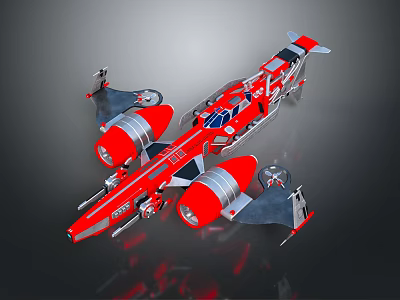 Red Sci Fi Spaceship 3D Model With Multiple Engines And Aerodynamic Wings 3d model