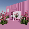 Floral Installation with Pink Vertical Wall Floor White Bench Display Cabinet and Pink White Tulips