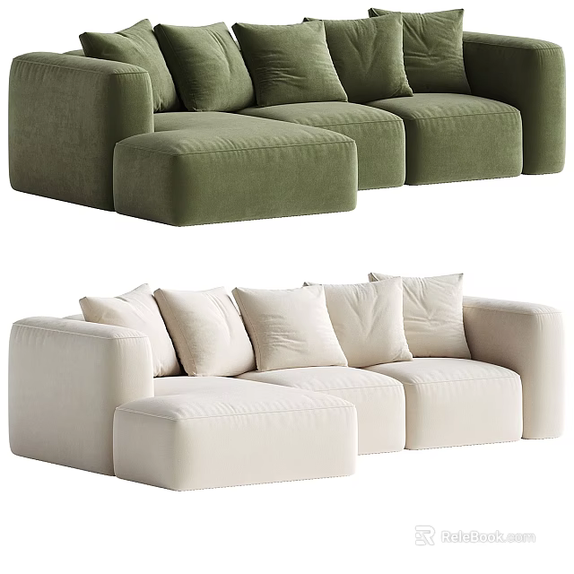 Modern Green and Cream Sectional Sofa with Velvet Upholstery and Plush Cushions 3d model 