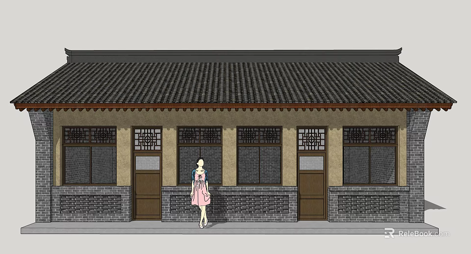 Traditional Chinese Single Story House With Tile Roof Brick Walls Wooden Doors And Standing Woman 3d model 