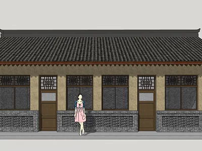 Traditional Chinese Single Story House With Tile Roof Brick Walls Wooden Doors And Standing Woman 3d model