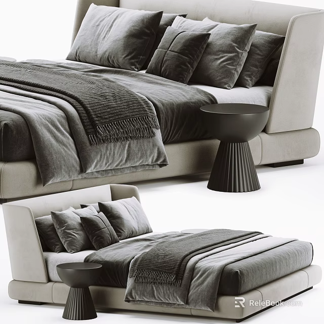 Modern Cozy Double Bed Interior Design With Gray Bedding Multiple Pillows And Black Side Table 3d model 