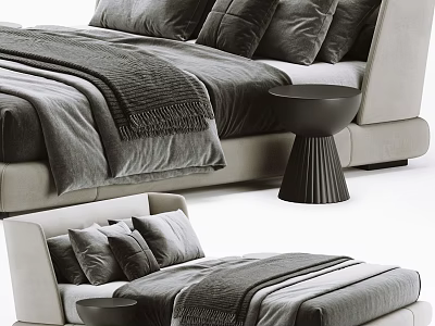 Modern Cozy Double Bed Interior Design With Gray Bedding Multiple Pillows And Black Side Table 3d model