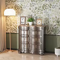 Silver Entryway Cabinet Side Cabinet With Floral Wallpaper Floor Lamp Potted Plant And Wooden Floor