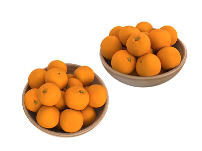 Two Wooden Bowls Filled with Fresh Ripe Oranges on White Background 3d model