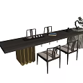 Modern Wooden Tea Table with Metal Base and Chairs Tea Set Books and Decorative Bonsai