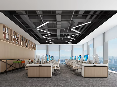 Modern Public Office Space Open Concept With Multiple Workstations Computers Bookshelves Large Windows City View 3d model