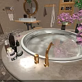 Elegant Bathroom Interior With Bathtub Round Windows Purple Flowers Mirror And Wooden Vanity