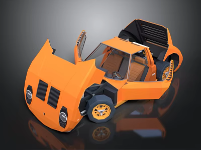 Orange 3D Car Model Featuring Open Doors Yellow Rims And Black Design Details 3d model
