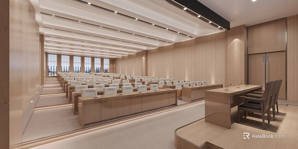 Spacious Conference Room With Wooden Walls Neatly Arranged White Seats Natural Light And Ceiling Lighting 3d model 
