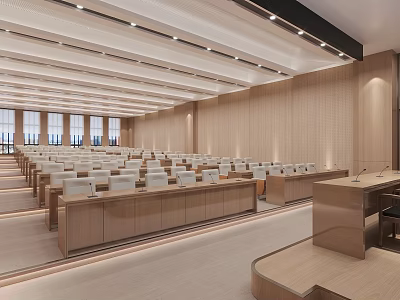 Spacious Conference Room With Wooden Walls Neatly Arranged White Seats Natural Light And Ceiling Lighting 3d model