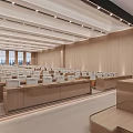 Spacious Conference Room With Wooden Walls Neatly Arranged White Seats Natural Light And Ceiling Lighting