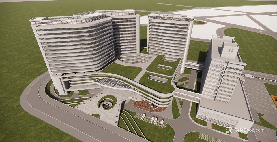 Modern Hospital Building Complex With Green Roof And Curved Exterior Design 3d model 