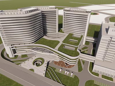 Modern Hospital Building Complex With Green Roof And Curved Exterior Design 3d model