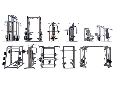 Various Sports Equipment Including Multi functional Training Machines And Weight Lifting Racks 3d model