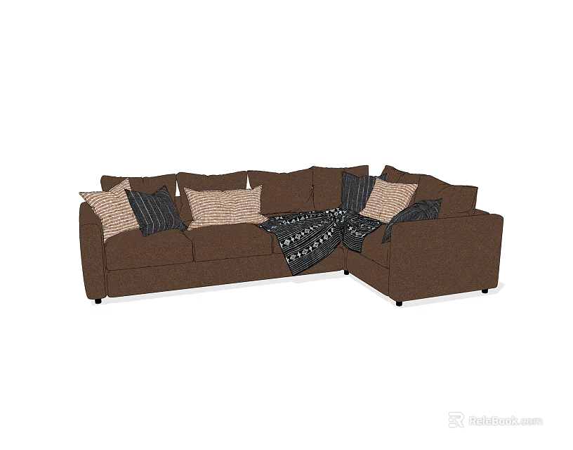 Cozy Brown Sectional Sofa With Decorative Throw Pillows And Soft Blanket 3d model