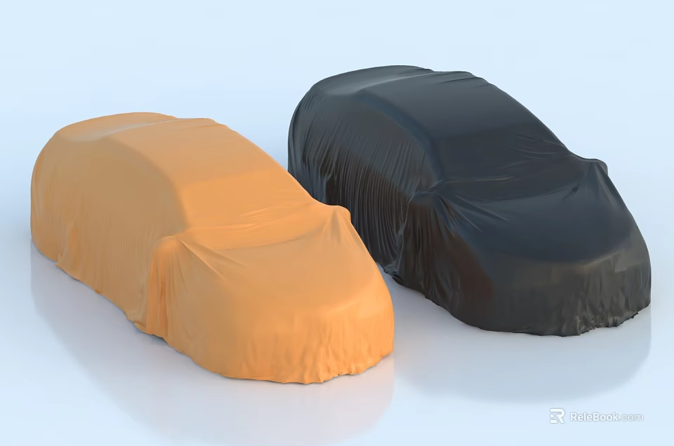 Two Covered Vehicles With Orange And Black Car Covers On White Background 3d model 