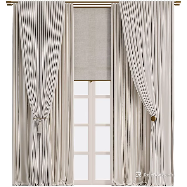 Elegant Light Beige Striped Curtains With Roman Blind And Window Frame Design 3d model 