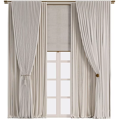 Elegant Light Beige Striped Curtains With Roman Blind And Window Frame Design 3d model
