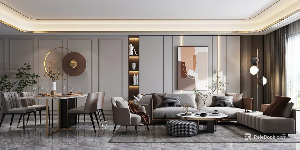 Modern Dining and Living Room Interior With Sofa Dining Table Artwork Lighting And Cushions 3d model 